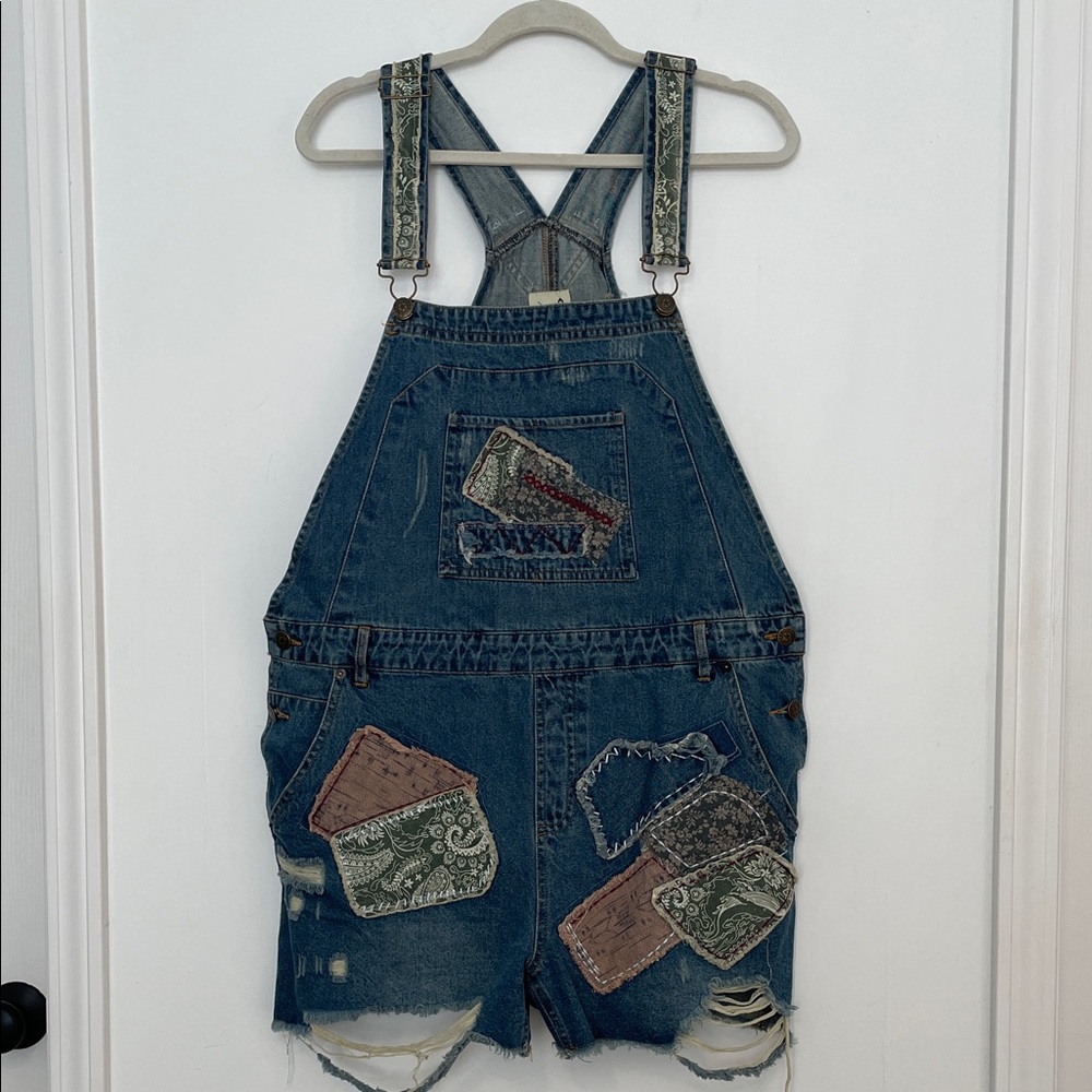 Denim Patchwork Women’s Short Overalls - Blue
